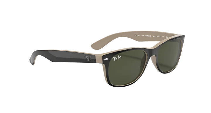 Ray Ban New Wayfarer Color Mix Polished Black Frame with G-15 Green Lenses BLACK ON BEIGE