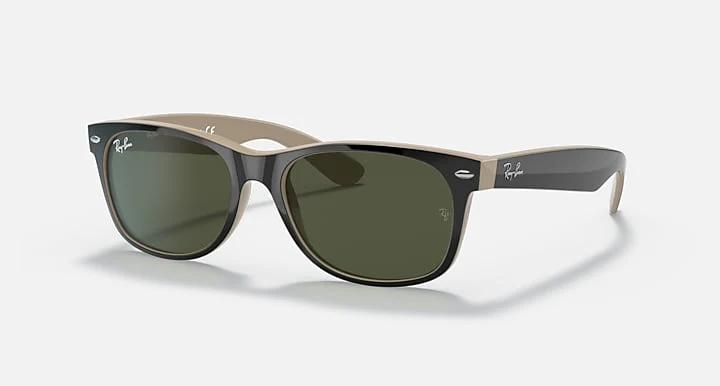Ray Ban New Wayfarer Color Mix Polished Black Frame with G-15 Green Lenses BLACK ON BEIGE